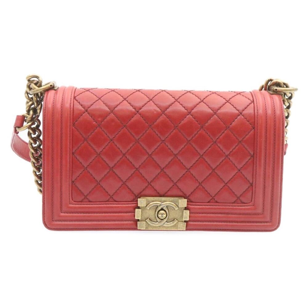 Chanel Leather Boy Matelasse Chain Flap Shoulder Bag Red